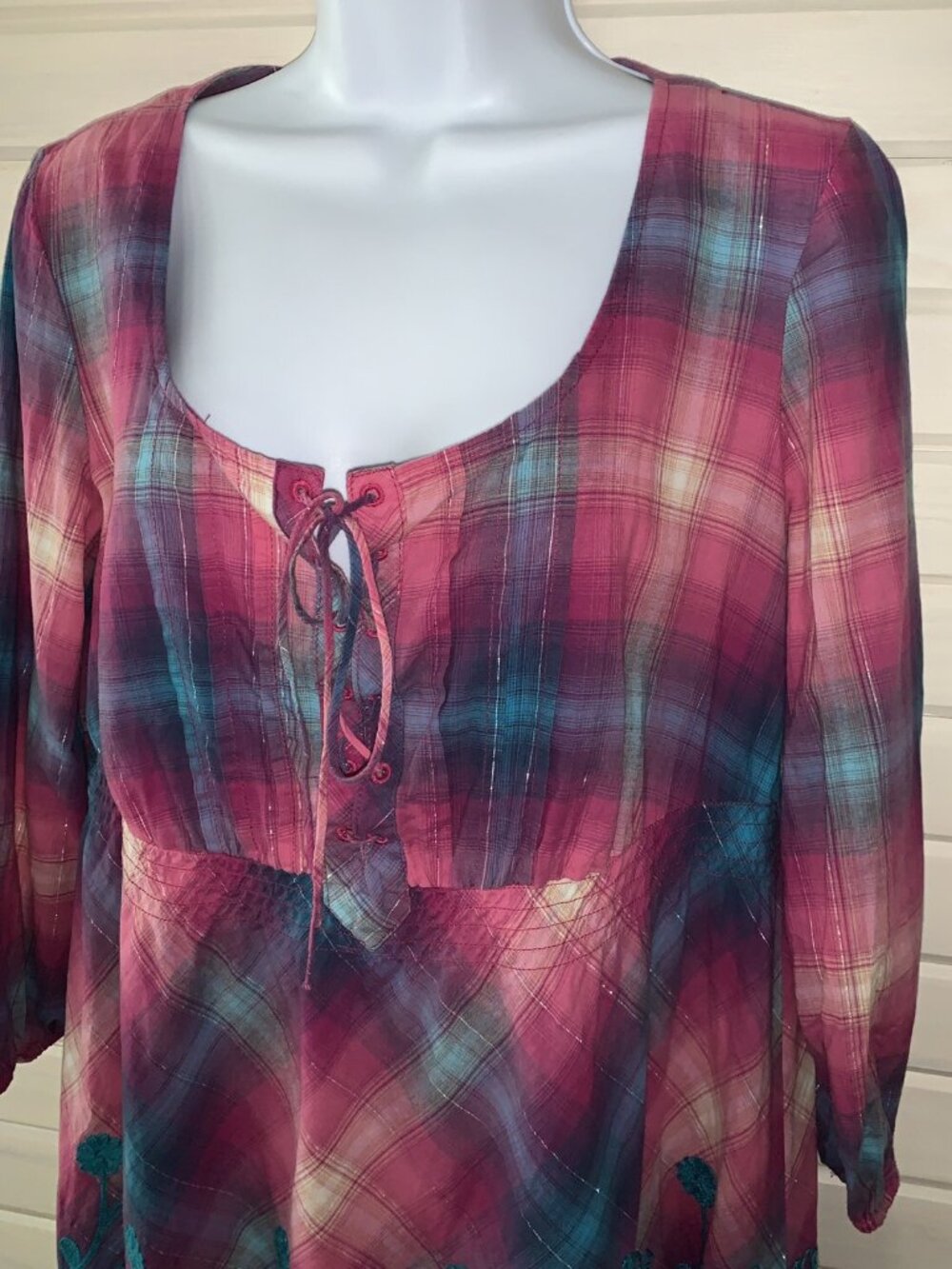 Roper Sz LARGE Pink Blue Plaid Western Embroidered Top Lace-Up Front Cotton EUC